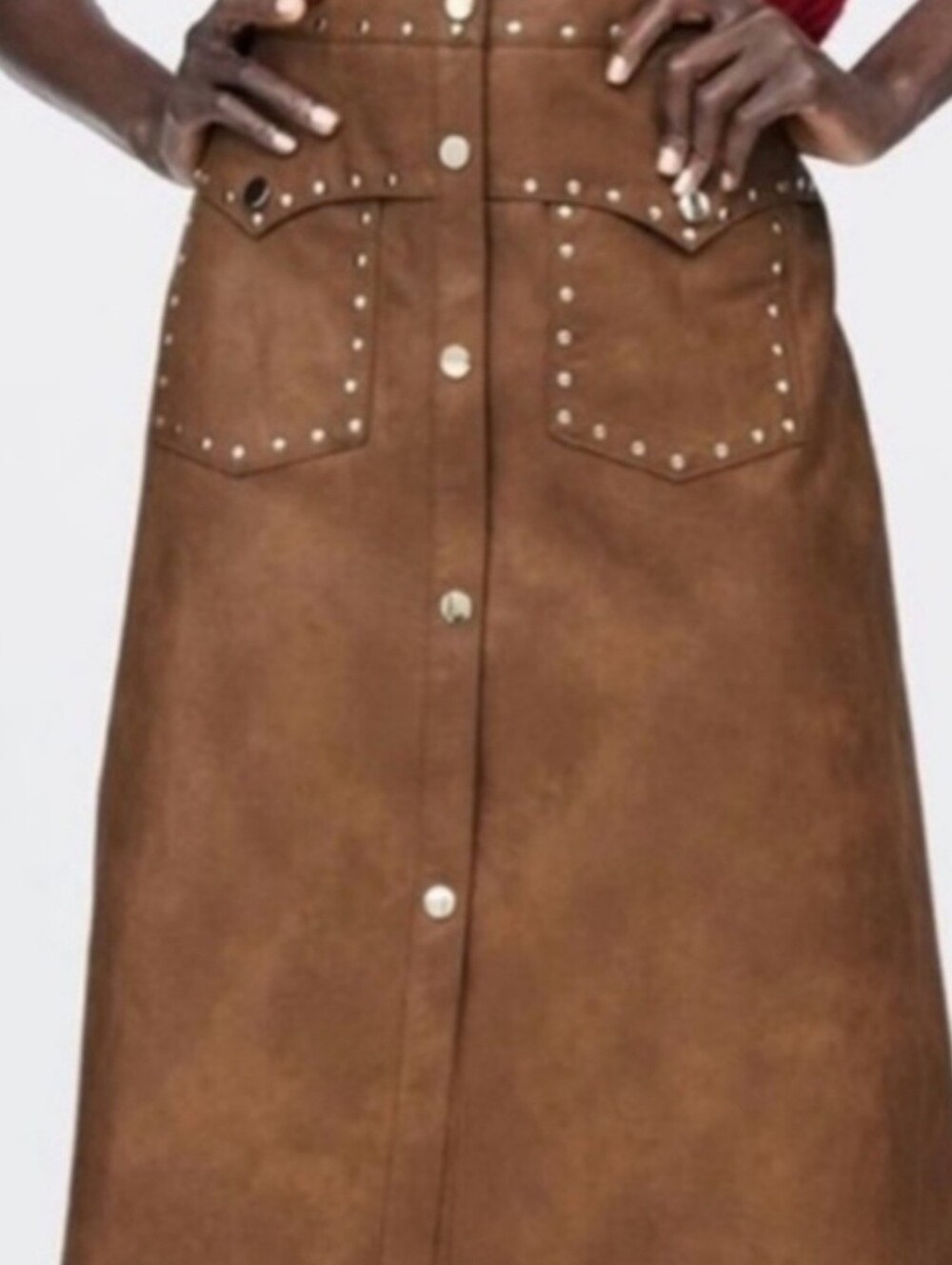 Zara vegan tan leather midi skirt with gold studs